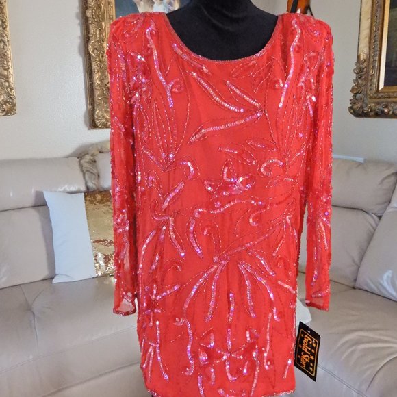 100% SILK SEQUIN BEADED BOHO COCKTAIL PARTY TOP M - Picture 2 of 14